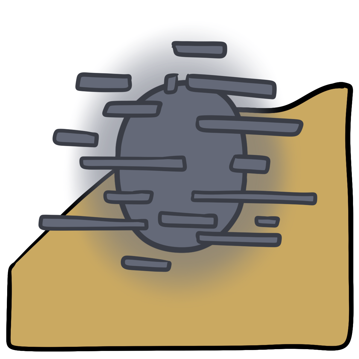 A dark gray glowing oval with horizontal thin rectangles around it. Curved yellow skin fills the bottom half of the background.