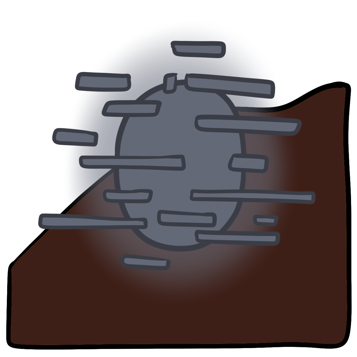 A dark gray glowing oval with horizontal thin rectangles around it. Curved dark brown skin fills the bottom half of the background.