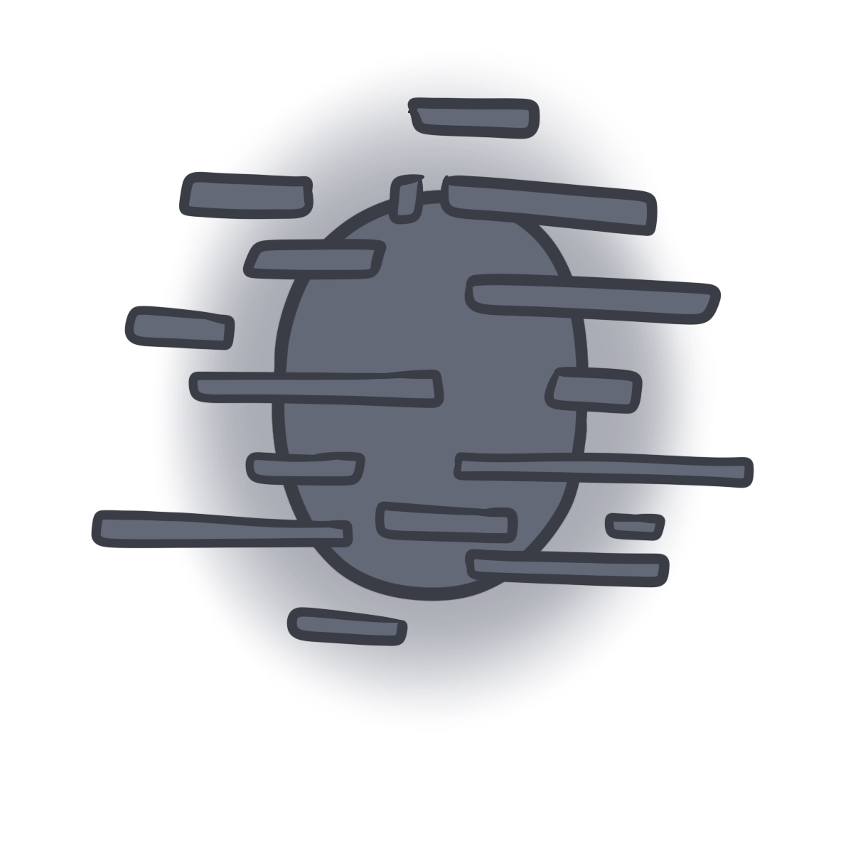 A dark gray glowing oval with horizontal thin rectangles around it.