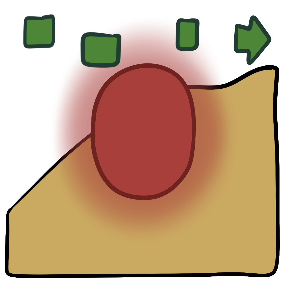 A green arrow pointing right is broken into four offset sections with large gaps between them. There is a red glowing oval in the center. Curved yellow skin fills the bottom half of the background.