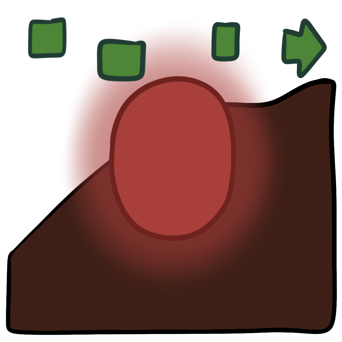 A green arrow pointing right is broken into four offset sections with large gaps between them. There is a red glowing oval in the center. Curved dark brown skin fills the bottom half of the background.