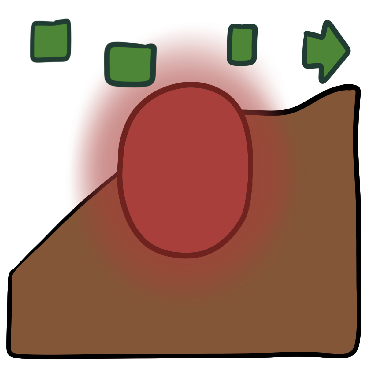 A green arrow pointing right is broken into four offset sections with large gaps between them. There is a red glowing oval in the center. Curved medium brown skin fills the bottom half of the background.