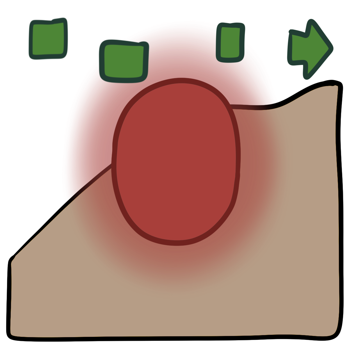 A green arrow pointing right is broken into four offset sections with large gaps between them. There is a red glowing oval in the center. Curved beige skin fills the bottom half of the background.