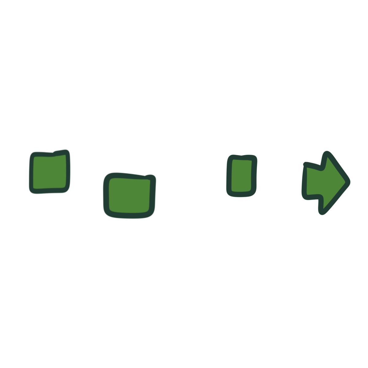 A green arrow pointing right is broken into four offset sections with large gaps between them.