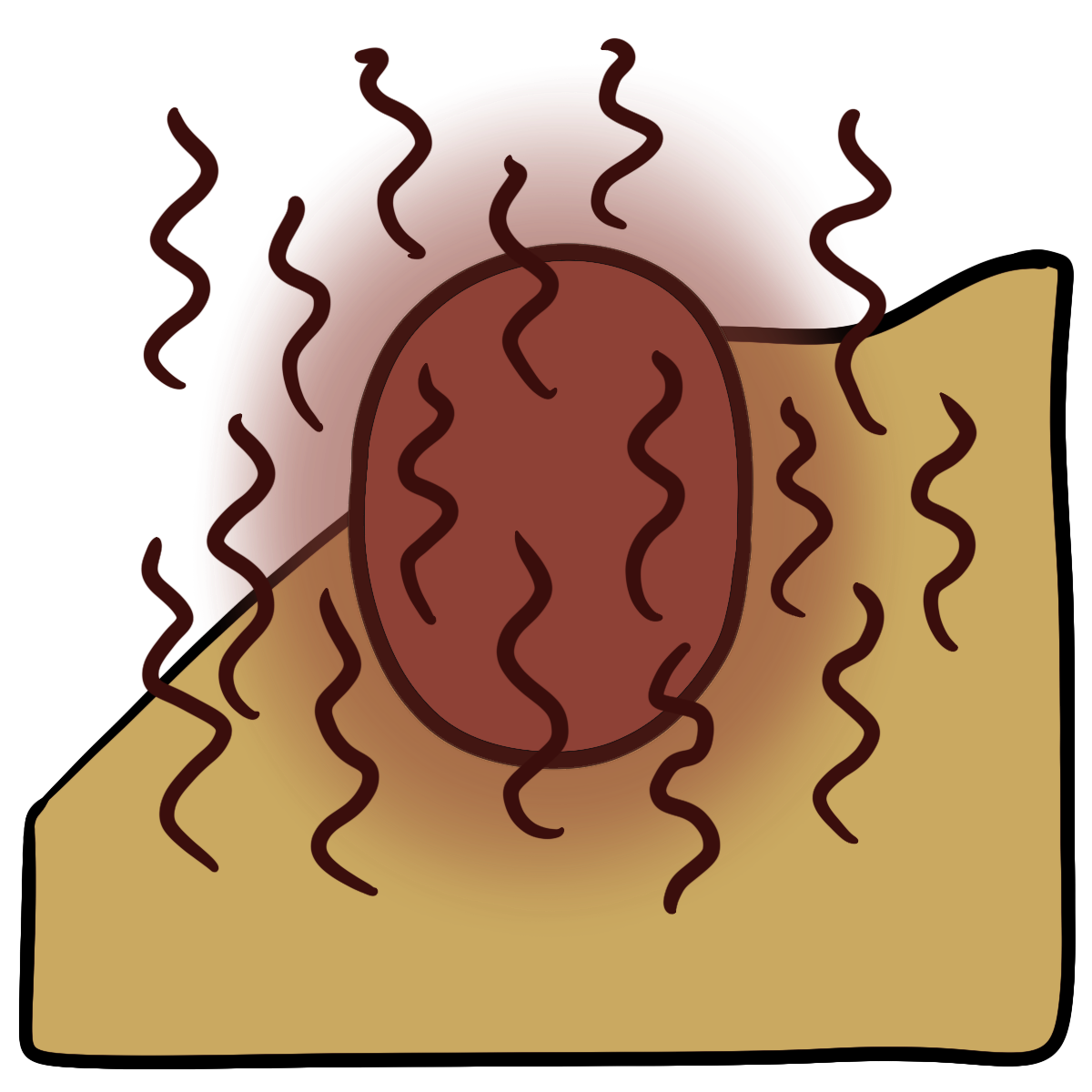 A red glowing oval with vertical squiggly dark red lines around it. Curved yellow skin fills the bottom half of the background.