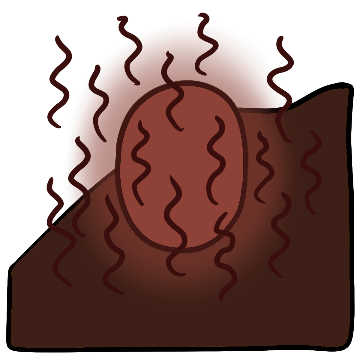 A red glowing oval with vertical squiggly dark red lines around it. Curved dark brown fills the bottom half of the background.