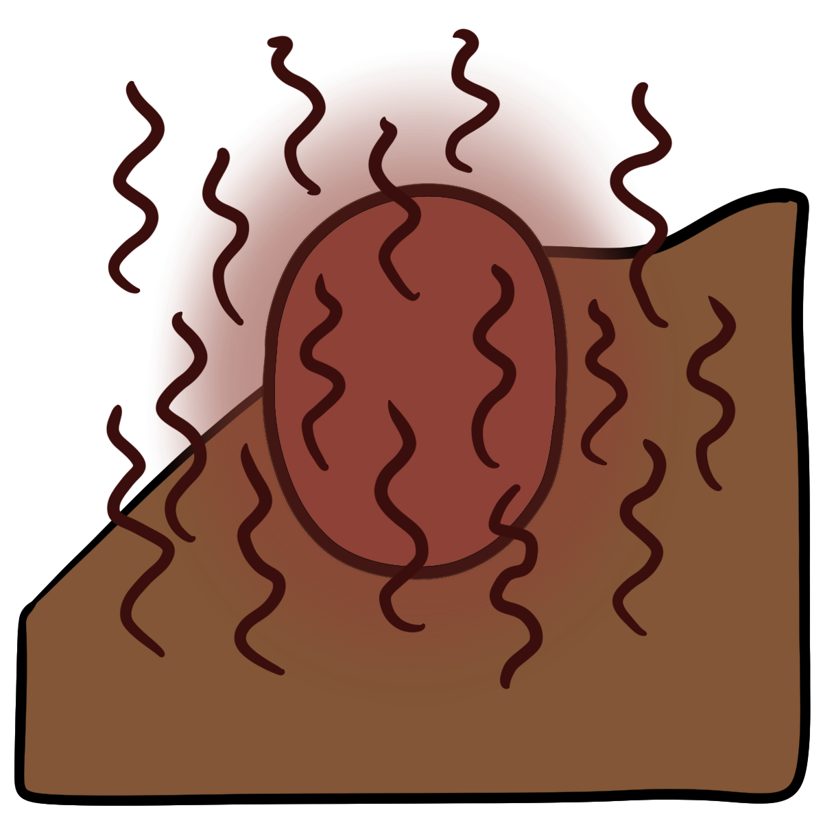 A red glowing oval with vertical squiggly dark red lines around it. Curved medium brown skin fills the bottom half of the background.