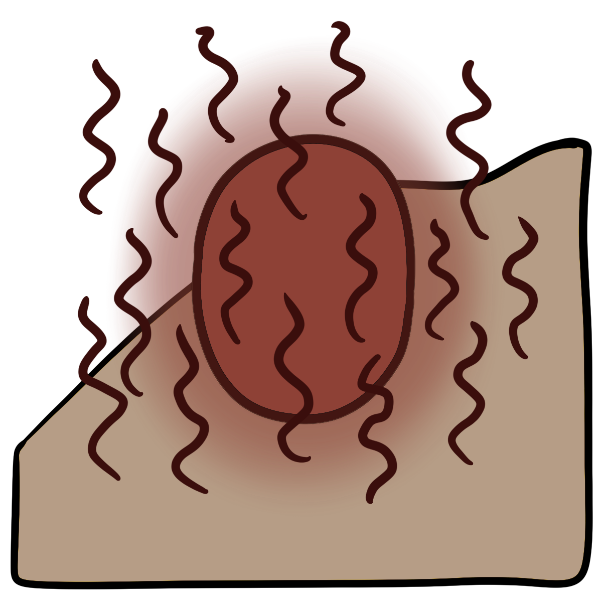 A red glowing oval with vertical squiggly dark red lines around it. Curved beige skin fills the bottom half of the background.