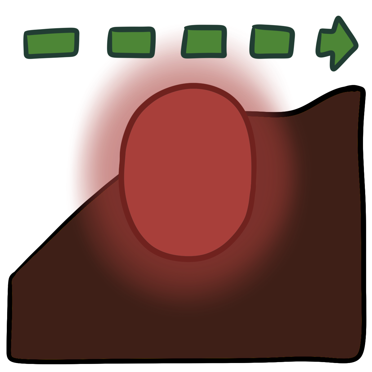 A dashed line green arrow pointing right. There is a glowing red oval in the center. Curved dark brown skin fills the bottom half of the background.