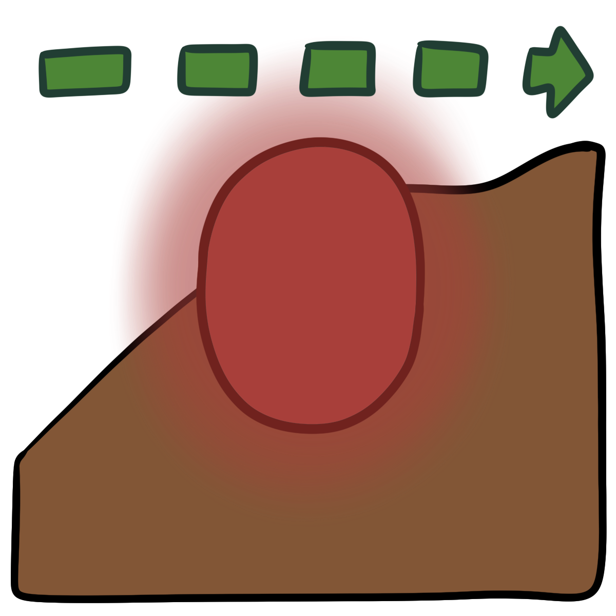 A dashed line green arrow pointing right. There is a glowing red oval in the center. Curved medium brown skin fills the bottom half of the background.