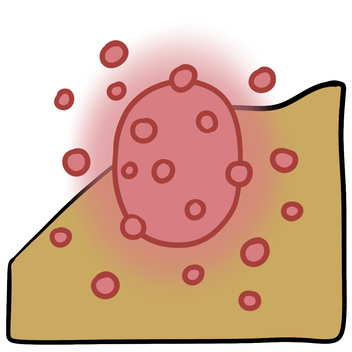 A pink glowing oval with pink dots around it. Curved yellow skin fills the bottom half of the background.