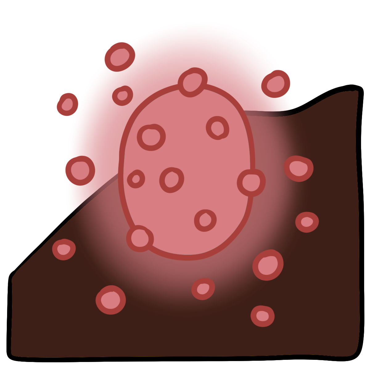 A pink glowing oval with pink dots around it. Curved dark brown skin fills the bottom half of the background.