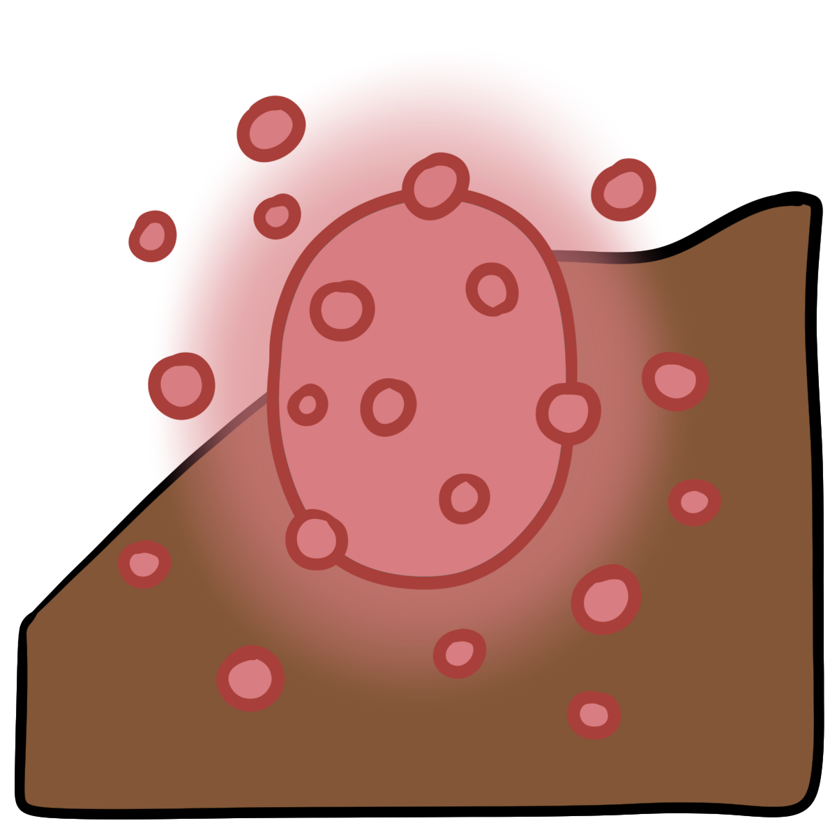 A pink glowing oval with pink dots around it. Curved medium brown skin fills the bottom half of the background.