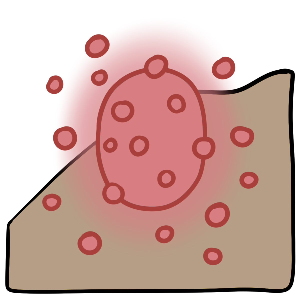 A pink glowing oval with pink dots around it. Curved dark beige skin fills the bottom half of the background.