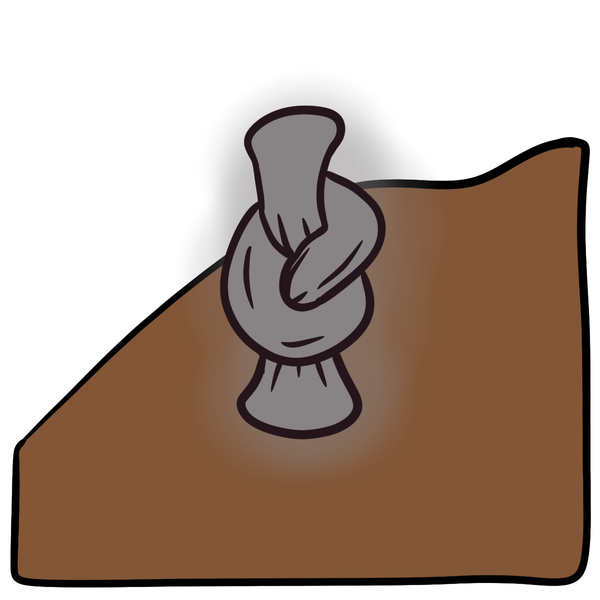 A vertical gray glowing blob tied in a knot in the center. Curved medium brown fills the bottom half of the background.