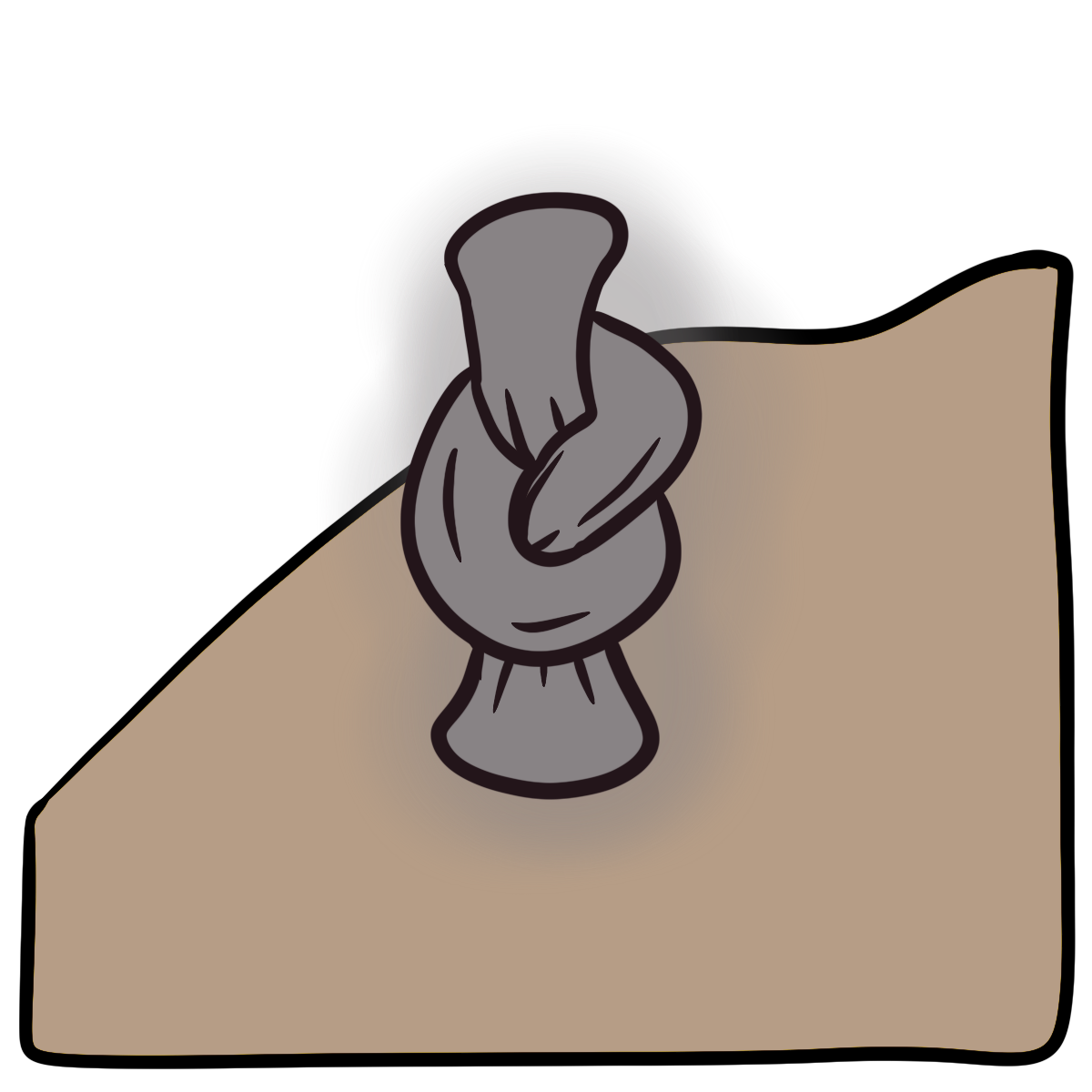 A vertical gray glowing blob tied in a knot in the center. Curved beige fills the bottom half of the background.