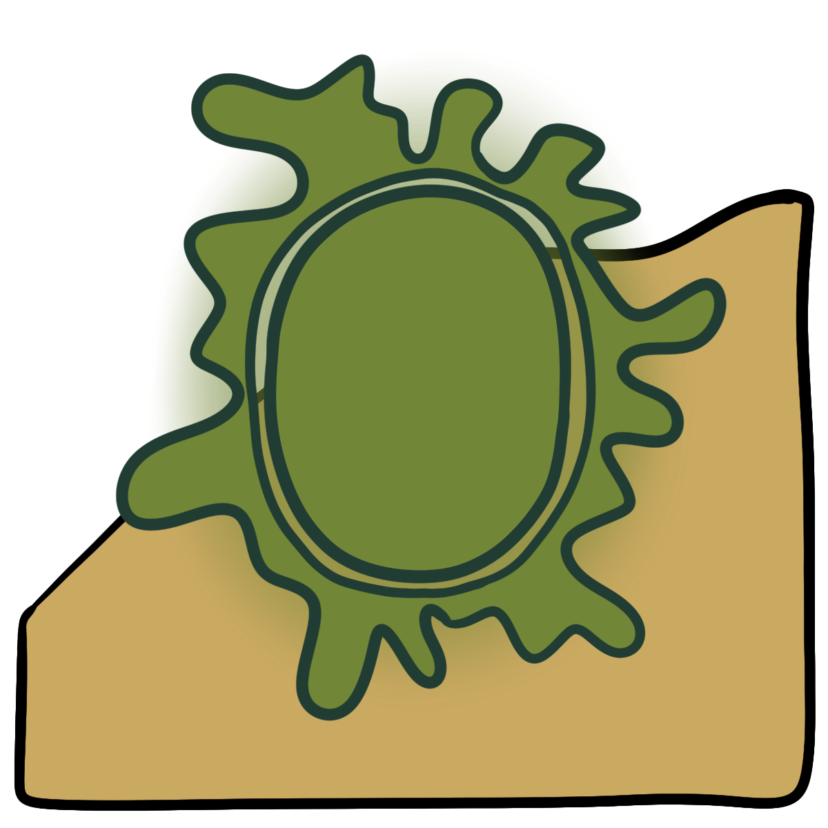A yellowy green oval with a splatting blob shape encircling it. Curved yellow skin fills the bottom half of the background.