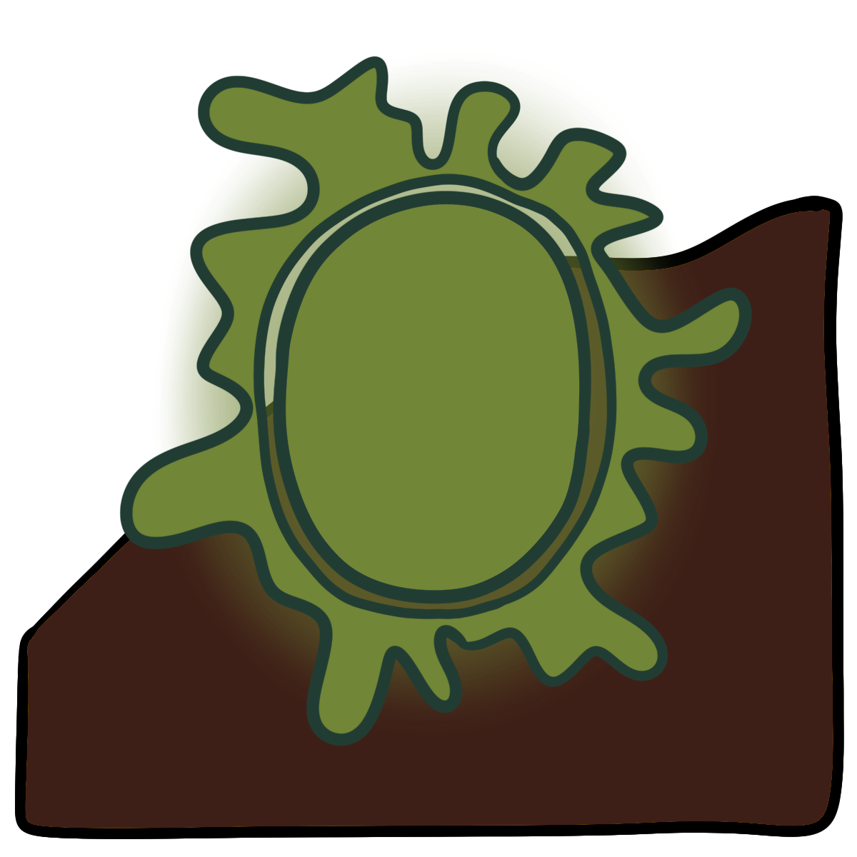 A yellowy green oval with a splatting blob shape encircling it. Curved dark brown skin fills the bottom half of the background.