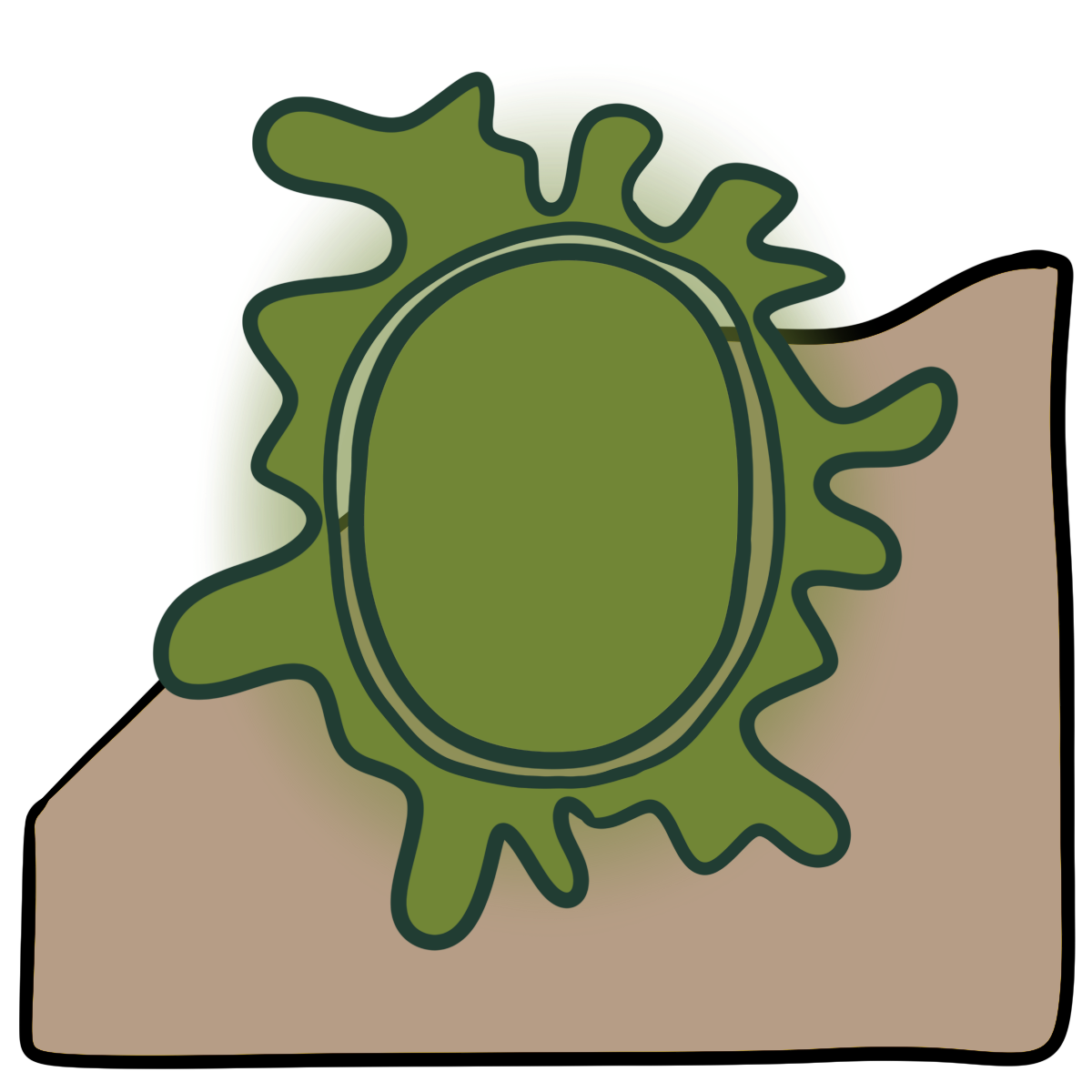 A yellowy green oval with a splatting blob shape encircling it. Curved beige skin fills the bottom half of the background.