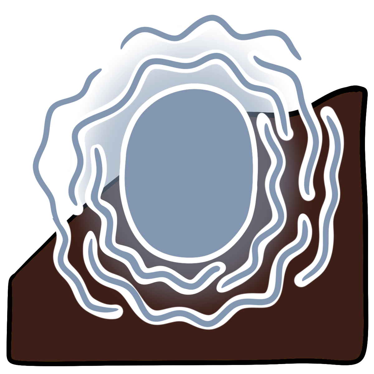 A light blue glowing oval surrounded by squiggly lines. Curved dark brown skin fills the bottom half of the background.
