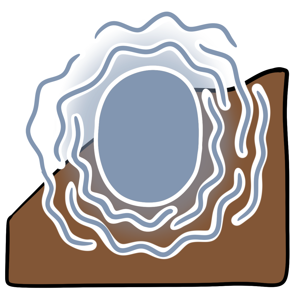 A light blue glowing oval surrounded by squiggly lines. Curved medium brown skin fills the bottom half of the background.
