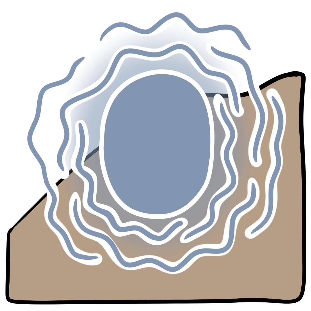 A light blue glowing oval surrounded by squiggly lines. Curved beige skin fills the bottom half of the background.