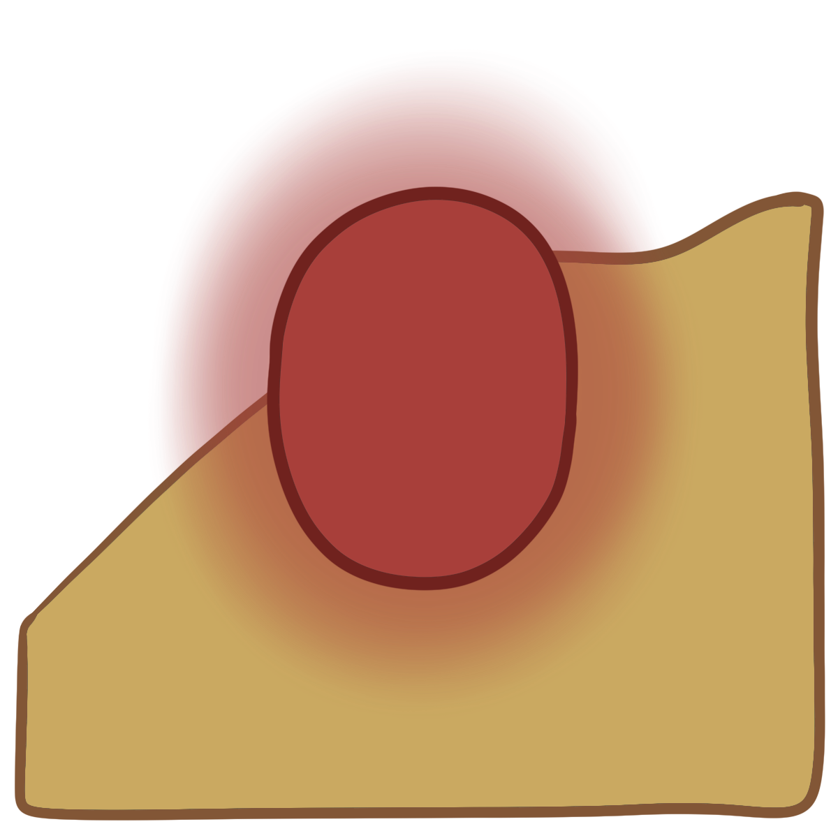A glowing red oval. Curved yellow skin fills the bottom half of the background.