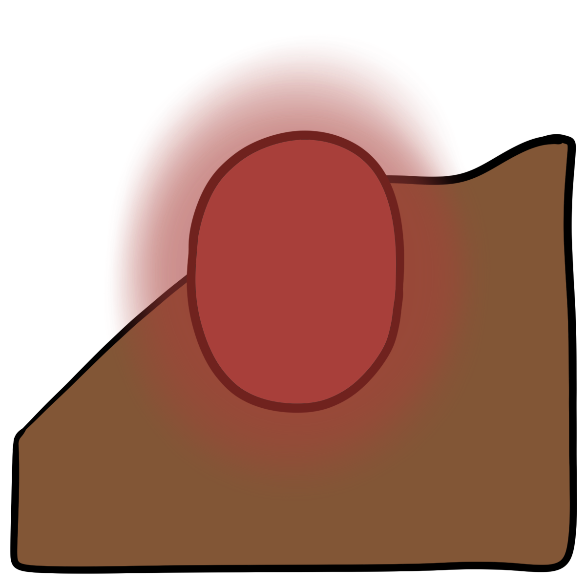 A glowing red oval. Curved medium brown skin fills the bottom half of the background.