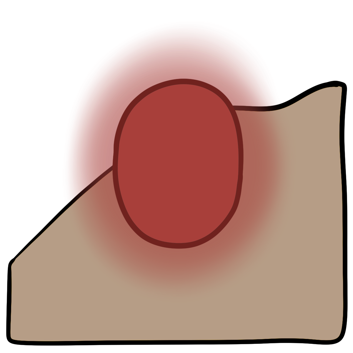 A glowing red oval. Curved beige skin fills the bottom half of the background.