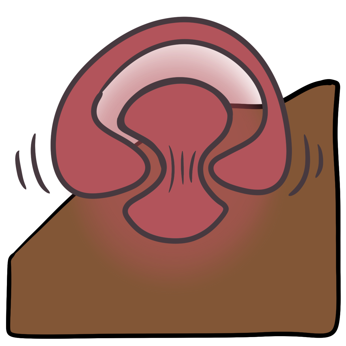 A pink glowing hourglass shape being pinched by a blob arched above it with larger ends pushing on the middle. Curved medium brown skin fills the bottom half of the background.