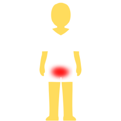 A person with no hair or face, an emoji yellow skintown, and a white pair of shorts and pants with no visible divider between the two. there's a glowing red spot on their pelvis.