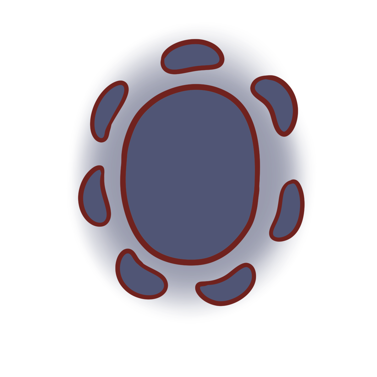 A purple glowing oval ringed by purple lima bean shape with red outlines.