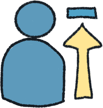 a blue figure. to the right of them is a tall yellow arrow pointing at a blue bar and reaching it.