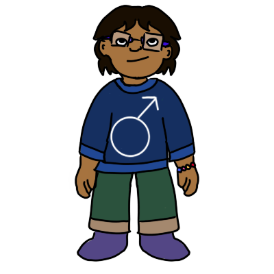 a child with brown skin, glasses, and straight black hair that goes to around his neck. he's wearing a colorful bracelet, purple shoes, green pants, and a blue shirt with a mars/'male' symbol on it.