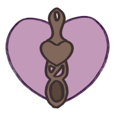 a welsh love spoon with a pinkish purple heart behind it.