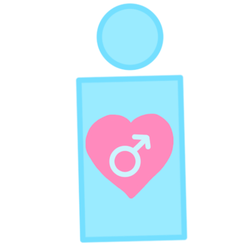 A very simple drawing of a light blue person with a pink heart drawn on their chest. Inside of the heart is a drawing of the symbol for boy which is a circle with an arrow coming out of it.