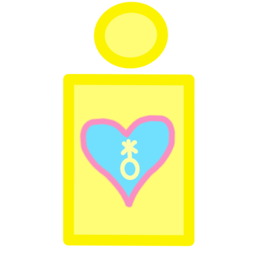 A very simple drawing of a yellow person with a heart on their chest. The heart is outlined in pink and colored blue. Inside of the heart is the symbol for non binary it is a circle that is connected to an asterisk above it