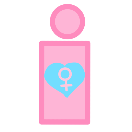  A very simple drawing of a pink person with a blue heart on their chest. Inside of the heart is the symbol for girl which looks like a circle with a cross coming out of the bottom of it