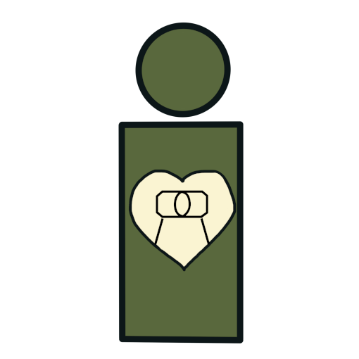 A very simple drawing of a green person with an off white heart on their chest. The person and heart are outlined in black and inside the heart there is a symbol that is a blocky eye with a round iris and two lines going outwards from underneath it.