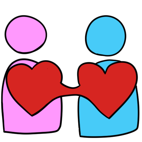 a lavender figure and light blue figure, each with a red heart in front of them. the hearts are connected together, forming one shape.