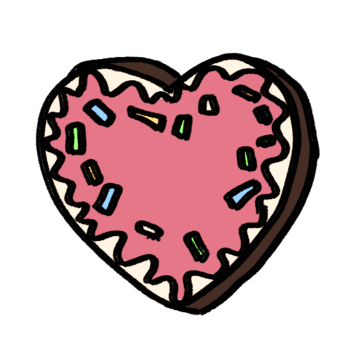 a heart shape. It has a dark brown base like chocolate, white frosting on the edges, a pink top, and multicoloured sprinkles.