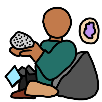 a brown figure in teal clothes holding a piece of pumice and surrounded by other rocks and crystals.