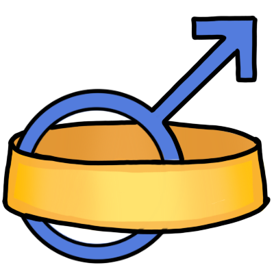 a large golden ring with a blue mars symbol through it