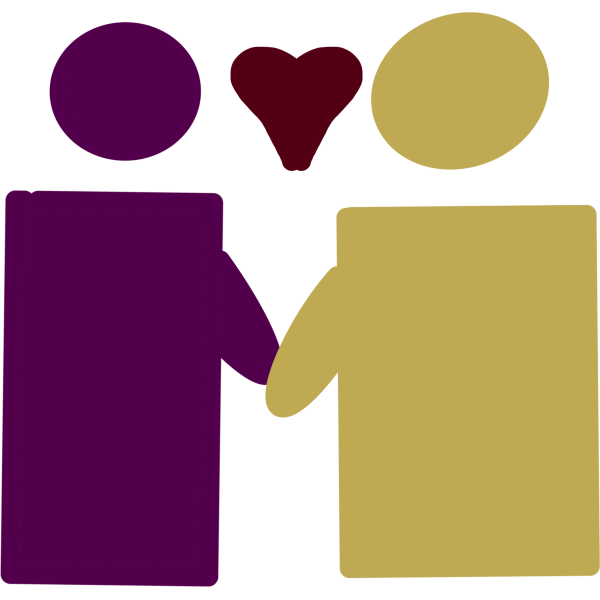 simple drawing of two people holding hands. In between the people is a heart. The person on the left is purple and the one on the right is a yellowish color. They both have rectangles for bodies and circles for heads