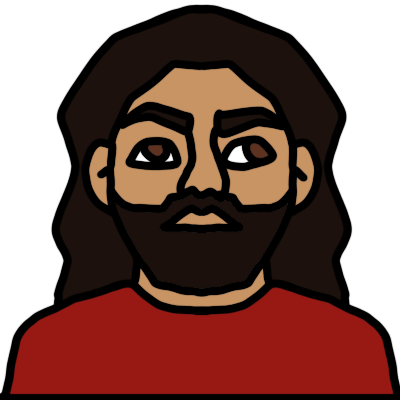 a head and shoulders portrait of a person with light skin, dark brown long wavy hair and beard, brown eyes. one eye is pointing forward and one is pointing outwards, and they have a long asymmetrical nose. they are wearing a red t-shirt.