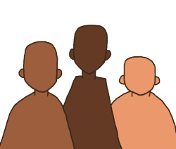 Three faceless figures, with different body types, standing next to each other. They are one with medium dark tone skin, one with dark tone skin, and one with light medium tone skin.