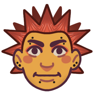 a punk person looking forwards. They have a confident expression. They have red dyed hair styled in liberty spikes (spikes all over the head), many facial and ear piercings, and red eyeshadow.