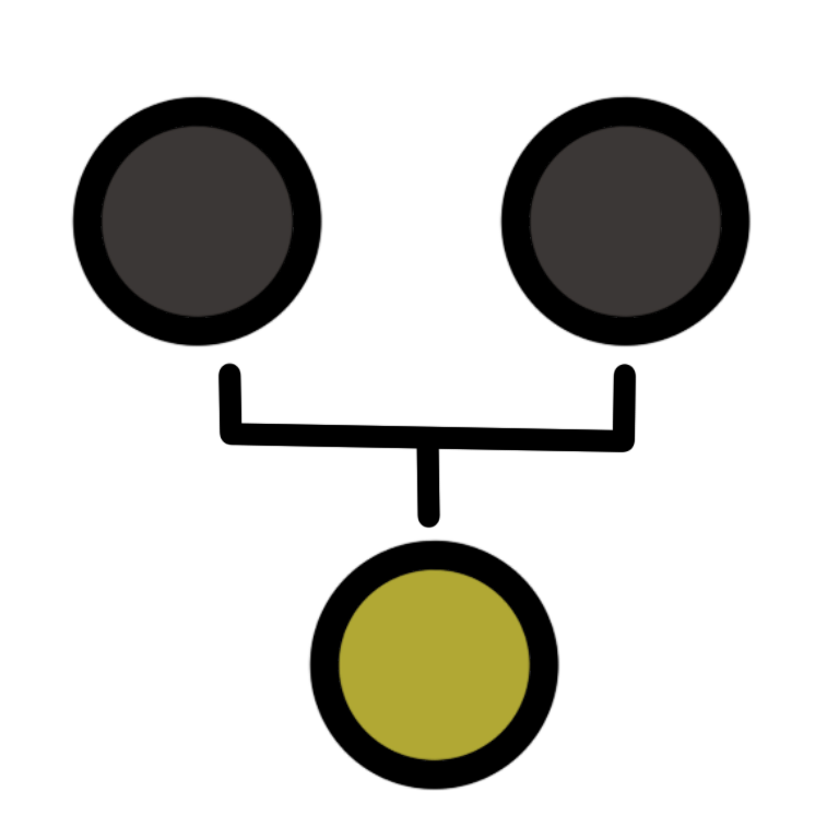 two circles connected by one line which branches and leads to another circle below them. The first two circles on top are grey and the circle on the bottom is bright yellow.