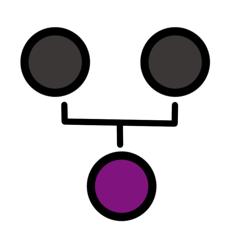 two circles connected by one line which branches and leads to another circle below them. The first two circles on top are grey and the circle on the bottom is purple