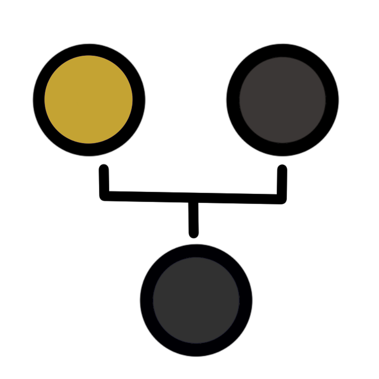 two circles connected by one line which branches and leads to another circle below them. The upper left circle is yellow and the other two circles are both grey